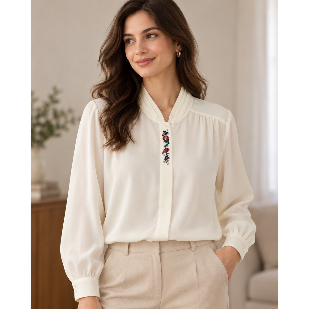 Koret Blouse Women 20W Cream Floral Embroidered Pleated Collar Cottagecore Retro